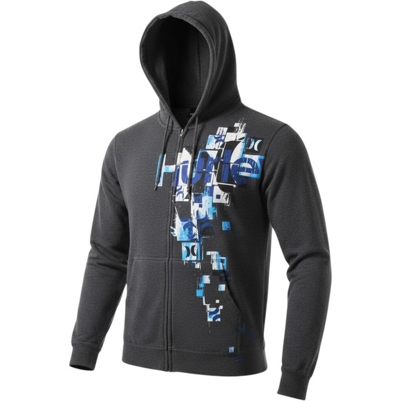 Hurley Other - Hurley Mens Full Zip Hoodie Charcoal Grey Blue Graphic Logo Fleece Sweatshirt M